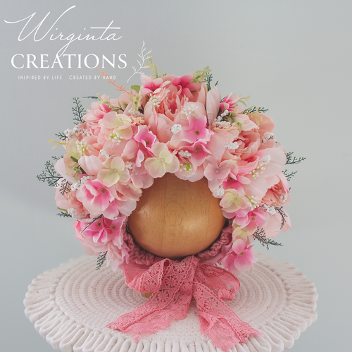 Flower Bonnet for 12-24 Months Old - Pink Colour - Handmade - Artificial Peonies and Hydrangea Headpiece - Photo Prop