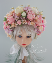 Load image into Gallery viewer, Flower Bonnet for 6-24 Months Old - Pink, White Colour - Handmade - Artificial Peonies Headpiece - Photo Prop
