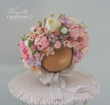 Load image into Gallery viewer, Flower Bonnet for 6-24 Months Old - Pink, White Colour - Handmade - Artificial Peonies Headpiece - Photo Prop