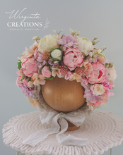 Load image into Gallery viewer, Flower Bonnet for 6-24 Months Old - Pink, White Colour - Handmade - Artificial Peonies Headpiece - Photo Prop