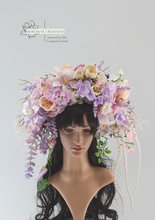 Load image into Gallery viewer, Large Flower Headpiece - Cascading Style Photography Crown - Colours: Purple, Lilac, Cream - Maternity Photoshoot - Luxury Flower Headband
