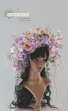 Load image into Gallery viewer, Large Flower Headpiece - Cascading Style Photography Crown - Colours: Purple, Lilac, Cream - Maternity Photoshoot - Luxury Flower Headband