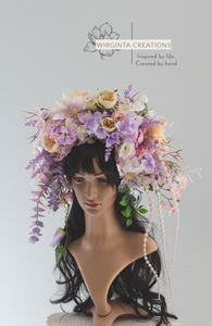 Large Flower Headpiece - Cascading Style Photography Crown - Colours: Purple, Lilac, Cream - Maternity Photoshoot - Luxury Flower Headband