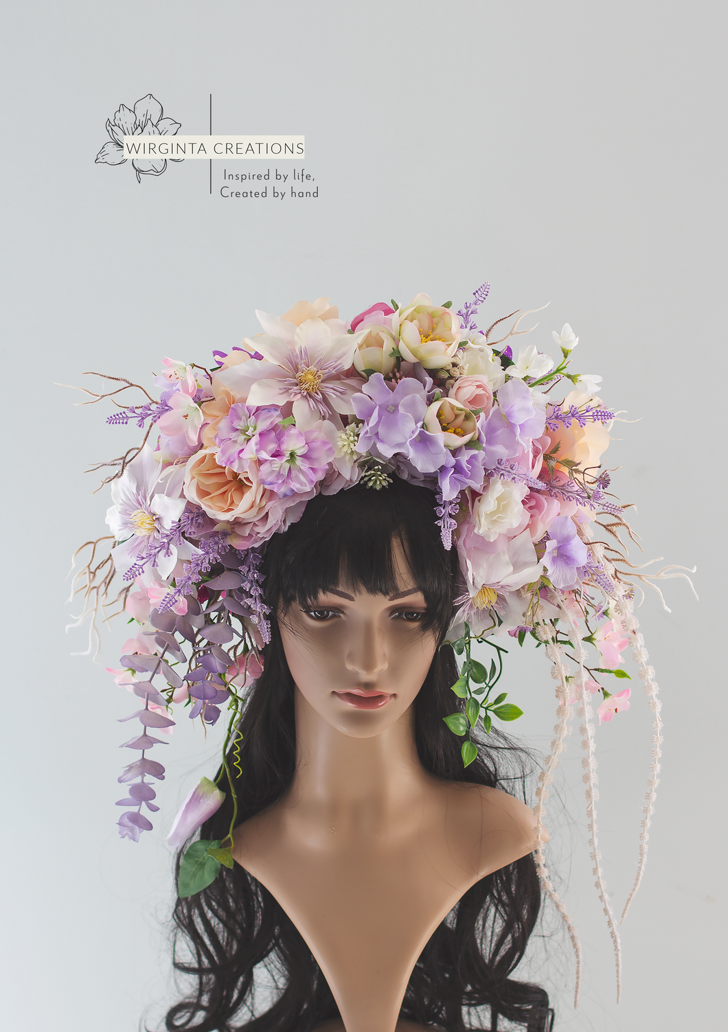 Large Flower Headpiece - Cascading Style Photography Crown - Colours: Purple, Lilac, Cream - Maternity Photoshoot - Luxury Flower Headband