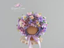 Load image into Gallery viewer, Purple, Pink flower bonnet. Photography prop for 12-24 months old.