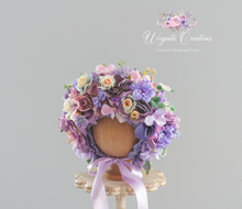 Load image into Gallery viewer, Handmade Flower Bonnet for Babies 12-24 Months | Purple, Pink | Artificial Flower Headpiece for Photography