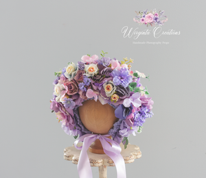 Handmade Flower Bonnet for Babies 12-24 Months | Purple, Pink | Artificial Flower Headpiece for Photography
