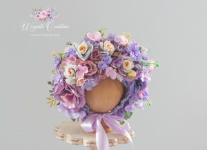 Handmade Flower Bonnet for Babies 12-24 Months | Purple, Pink | Artificial Flower Headpiece for Photography