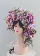 Load image into Gallery viewer, Large Flower Headpiece - Cascading Style Photography Crown - Purple, Lilac, Mauve - Maternity Photoshoot - Luxury Flower Headband