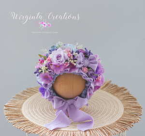 Purple, Lilac Flower Bonnet for Newborns (0-3 Months) - Photography Headpiece