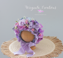 Load image into Gallery viewer, Purple, Lilac Flower Bonnet for Newborns (0-3 Months) - Photography Headpiece