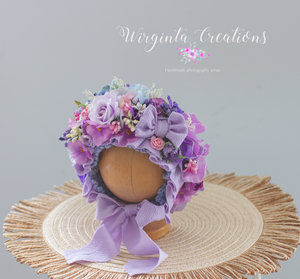 Purple, Lilac Flower Bonnet for Newborns (0-3 Months) - Photography Headpiece