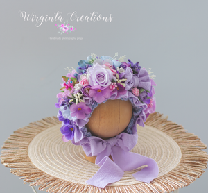 Purple, Lilac Flower Bonnet for Newborns (0-3 Months) - Photography Headpiece