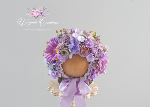 Flower Bonnet for Babies 12-24 Months | Purple| Artificial Flower Headpiece for Photography
