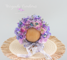 Load image into Gallery viewer, Newborn, 0-3 Months Old Flower Bonnet Photography Prop - Purple