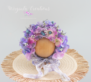 Newborn, 0-3 Months Old Flower Bonnet Photography Prop - Purple