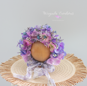 Newborn, 0-3 Months Old Flower Bonnet Photography Prop - Purple