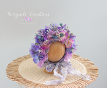 Load image into Gallery viewer, Newborn, 0-3 Months Old Flower Bonnet Photography Prop - Purple