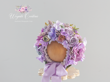 Load image into Gallery viewer, Flower Bonnet for Babies 12-24 Months | Purple| Artificial Flower Headpiece for Photography