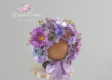 Load image into Gallery viewer, Flower Bonnet for Babies 12-24 Months | Purple| Artificial Flower Headpiece for Photography