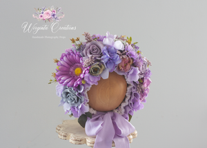 Flower Bonnet for Babies 12-24 Months | Purple| Artificial Flower Headpiece for Photography