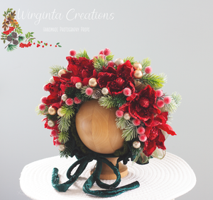 Christmas Flower Bonnet for 9–24 Months Olds | Handmade Festive Headpiece | Bonnet's Colours: Green, Red | Photography Prop