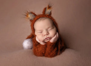 Handmade Fox-Themed Newborn Photography Outfit | Burnt Orange Knitted Romper with Tail and Hat | Woodlands-Inspired Photo Prop Set