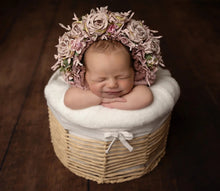 Load image into Gallery viewer, Flower Bonnet for Newborns (0-3 Months) - Photography Headpiece - Purple Colour - Photo Prop