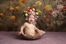 Load image into Gallery viewer, Flower Bonnet for 12-24 Months Old | Green, Pink, White Colour | Photography Prop | Artificial Flower Headpiece | Apple | Fruit- Inspired Bonnet