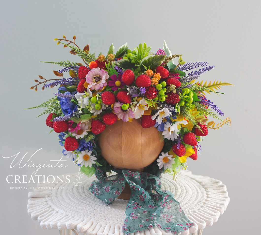 Strawberry flower bonnet for 12-24 months old, photography prop, artificial flower headpiece