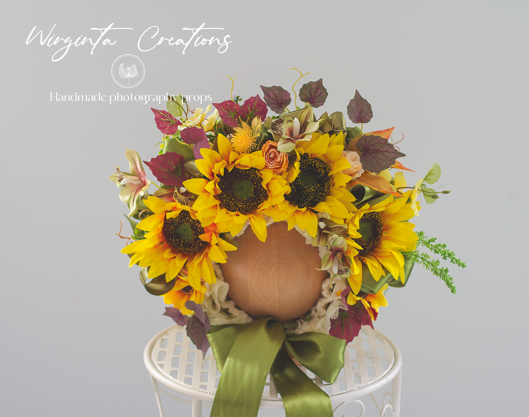 Sunflower Flower Bonnet | Floral Photo Prop for 12-24 Months | Ready to send