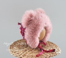 Load image into Gallery viewer, Handmade Tattered Style Teddy Bear Bonnet for 12-24 Months Old - Pink, Red