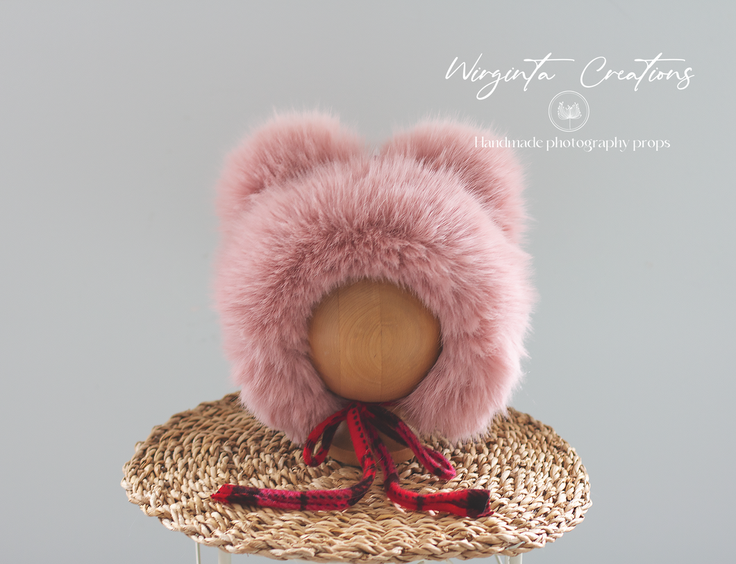 Handmade Tattered Style Teddy Bear Bonnet for 12-24 Months Old - Pink, Red