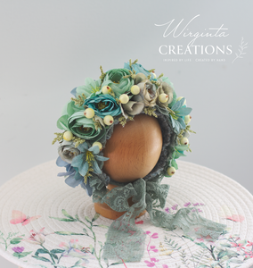 Flower Bonnet for Newborns (0-3 Months) - Photography Headpiece - Turquoise, Mint Colour - Photo Prop