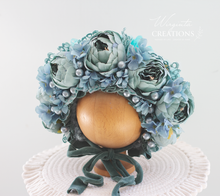 Load image into Gallery viewer, Flower Bonnet for 12-24 Months Old - Turquoise Colour - Handmade - Artificial Peonies Headpiece - Photo Prop