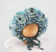 Load image into Gallery viewer, Flower Bonnet for 12-24 Months Old - Turquoise Colour - Handmade - Artificial Peonies Headpiece - Photo Prop