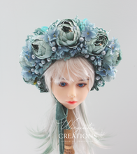 Load image into Gallery viewer, Flower Bonnet for 12-24 Months Old - Turquoise Colour - Handmade - Artificial Peonies Headpiece - Photo Prop