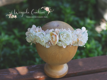 Load image into Gallery viewer, Flower Halo Wreath Crown - Toddler to Older Children - White, Cream, Beige Photography Prop - Posing Headpiece - Ready to Ship - Can be used from 6 months old