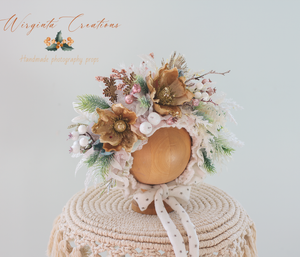 Christmas White, Gold Flower Bonnet for 12-24 Months Old | Photography Prop | Artificial Flower Headpiece