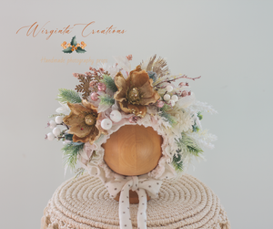Christmas White, Gold Flower Bonnet for 12-24 Months Old | Photography Prop | Artificial Flower Headpiece