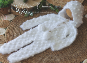Handmade White Hooded Knitted Outfit | Footless | Bubbly-knit | Photo Prop | Fuzzy Yarn | Size 2-3 Years Old
