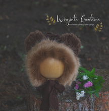 Load image into Gallery viewer, Tattered Style Teddy Bear Bonnet for 12-24 Months Old - Brown
