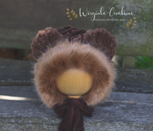Load image into Gallery viewer, Tattered Style Teddy Bear Bonnet for 12-24 Months Old - Brown