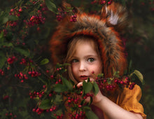 Load image into Gallery viewer, Handmade Tattered Fox Bonnet for Babies &amp; Toddlers | Burnt Orange | Decorated with Faux Fur, Artificial Berries &amp; Greenery | 9-24 Months | Photo Prop