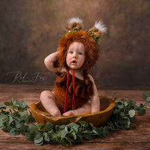 Load image into Gallery viewer, Tattered/Ruffle style baby fox bonnet for 6-12 months old. Burnt orange. Decorated with faux fur and artificial flowers. Ready to send photo props