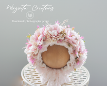 Load image into Gallery viewer, Baby pink, white flower bonnet for 6-24 months old. Photography headpiece. Ready to send