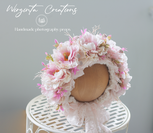 Baby pink, white flower bonnet for 6-24 months old. Photography headpiece. Ready to send