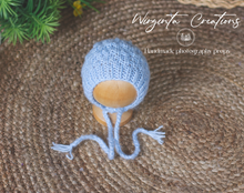 Load image into Gallery viewer, Knitted newborn outfit in blue. Non-fuzzy handmade romper and matching bonnet. Ready to send photography prop
