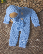 Load image into Gallery viewer, Knitted newborn outfit in blue. Non-fuzzy handmade romper and matching bonnet. Ready to send photography prop