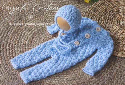 Knitted newborn outfit in blue. Non-fuzzy handmade romper and matching bonnet. Ready to send photography prop